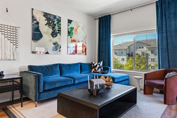 Living room with blue velvet sofa and abstract art